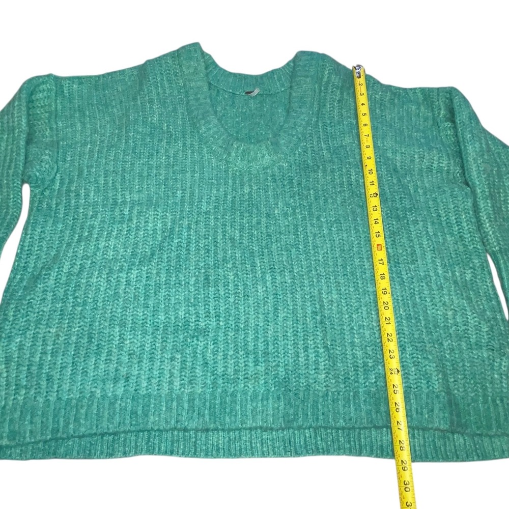 Free People Women's Knit Sweater Blue Bell V Neck Teal Large Oversized Chunky - Picture 4 of 7